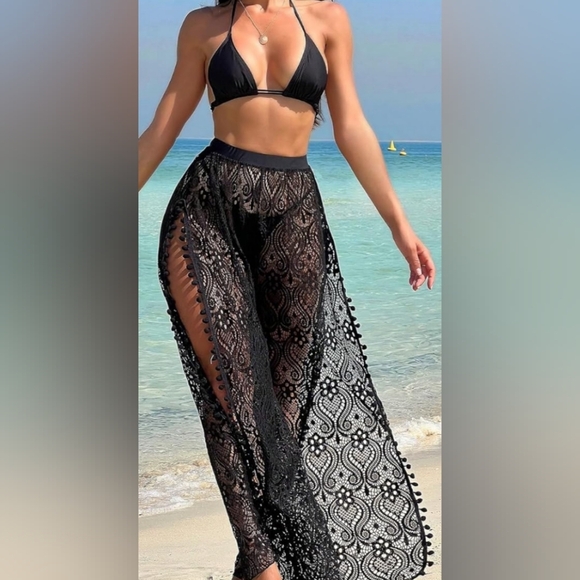 2/$50 NEW Elegant Sexy Black Lace Sheer Flowy BurnoutSwim Cover-Up Pants(#1,477) - Picture 1 of 7